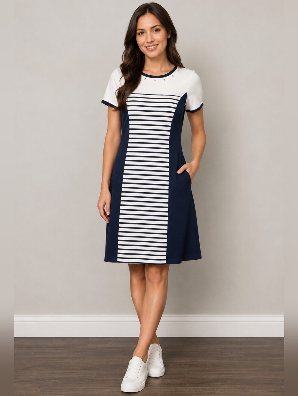 Dolcezza Navy and White Striped Short Sleeve Dress